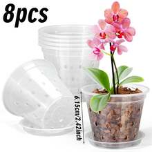 4个/8个透明花盆，带排水孔和托盘，塑料兰花盆，带透气孔，适用于室内外植物，兰花 - A - 查看 8