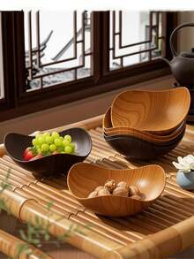 Plastic Fruit Plate, Geometric Shaped Wood Grain Fruit Plate For Living Room, Home Use Snack Dry Fruit Display, Vintage Tea Art Dessert Tray - Brown - View 1