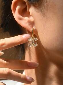 一对时尚优雅简约奢华高端金色铜质立方氧化锆吊坠耳环，适合女士日常佩戴 - 金色 - 查看 6