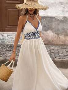 Women's Summer Embroidered Patchwork Split Hem Dress For Vacation,Beach Outfits For Woman,Vacation,Beach,Vacation Outfits Woman - 白色 - 查看 6