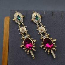 1 par de pendientes con patrón geométrico vintage, diseño único con incrustaciones, adecuado para uso diario y como accesorio de fiesta o regalo - Rosa Roja - Ver 2