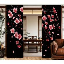 2D Flat Design, 2pcs/Set Sakura Floral Sheer Curtains, Pink Flowers On Black Background, Suitable For Bedroom And Office, Machine Washable Modern Decorative Panel, 2D Flat Style - 2pcs - View 6