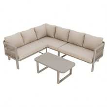 Garden Furniture Set For 6 People, Corner Configuration, Galvanized Steel Tubes, Glass Tabletop, Teslin Rope Weaving, Includes Dining Table, Bench, Chairs And Sofa, Khaki Color. - Khaki - View 8