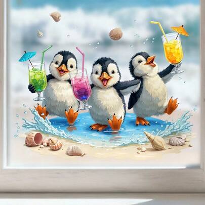 一款以三只正在喝冷饮的企鹅为主题的窗贴，自粘式设计，趣味十足，适合家居装饰。