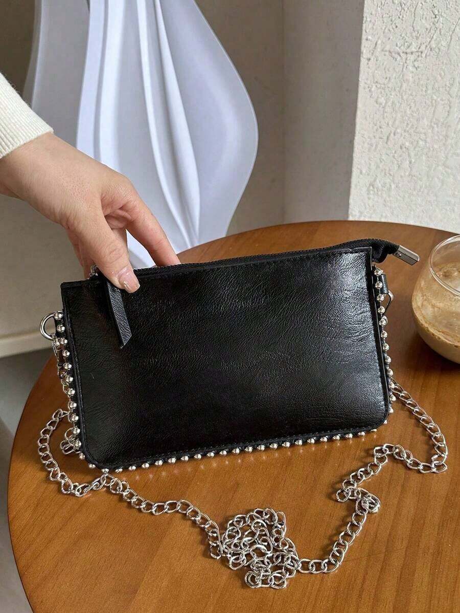 Cracked Leather Envelope Bag, New Fashion Charisma Lady's Shoulder Bag, Beaded Popular-Body Clutch, Elegant Faux Pearl Bag - 黑色 - 查看 1