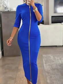 Elegant And Minimalist, This Cardigan Dress Features A Slim Fit, Zipper Design, Boat Neckline, And Midi Length, Making It An Ideal Choice For Fashionable Women In Spring, Summer, And Autumn. - Blue - View 7