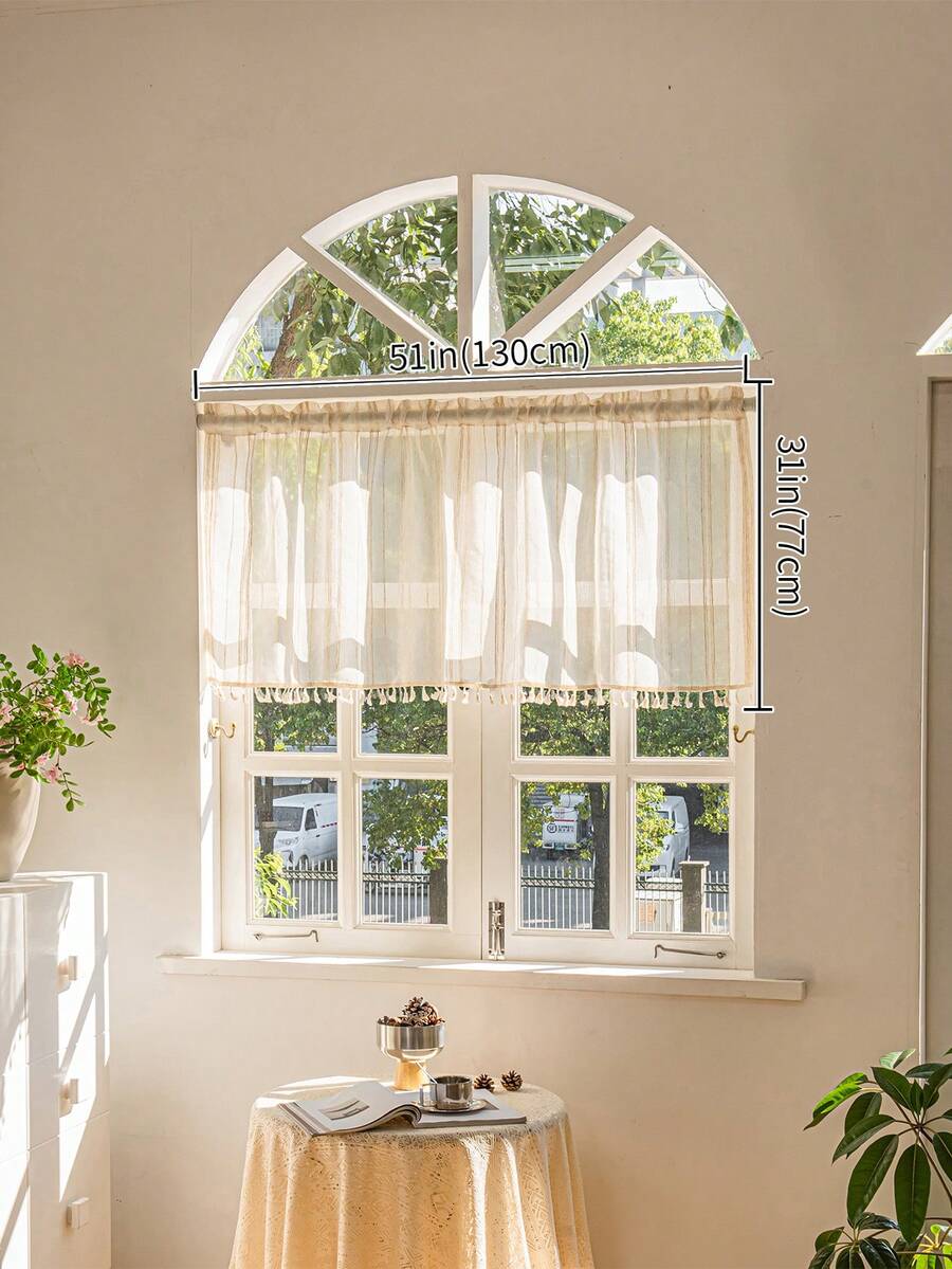 LOSPRING Rèm ngắn nhà bếp chất liệu vải lanh với tua rua ở viền, rèm cửa sổ nửa trong suốt chất liệu dây thừng. - Màu be - Xem 1