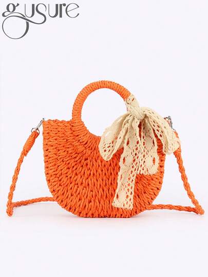Straw Bag Women Hand-Woven Handbag Moon Shape Lace Bow Rattan Bag Big Capacity Drawstring Casual Beach Shoulder Crossbody Bag Handwoven Straw Rattan Half-Moon Beach Handbag Large Capacity Women Summer Hollow Out Crossbody Shoulder Bag