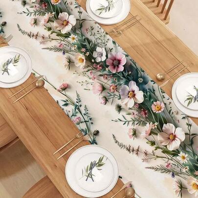 1 Stück Aquarell Wildblumen Muster Tischdecke/Tischläufer, Creme & Zartrosa Blumenstrauß Design mit verstreuten Blättern, geeignet für Esszimmer, Wohnzimmer, Heimdekoration, saisonale & Feiertagspartys