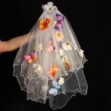 蓝色、紫色、橙色花朵头饰，白色蝴蝶结新娘面纱，婚礼派对配饰 - 彩色 - 查看 9