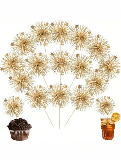Gold Foil Firework Cupcake Toppers, Cake Decorations, Shiny Metal Wire Cocktail Fruit Picks For Birthday, Wedding, Graduation Party