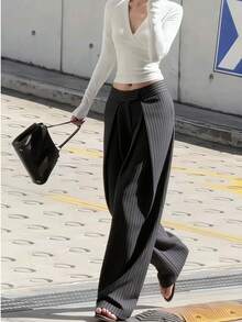 Pleated Striped Flared Pants, High-Waisted Slimming Draping Commuter Wide-Leg Trousers Spring - Grey - View 1