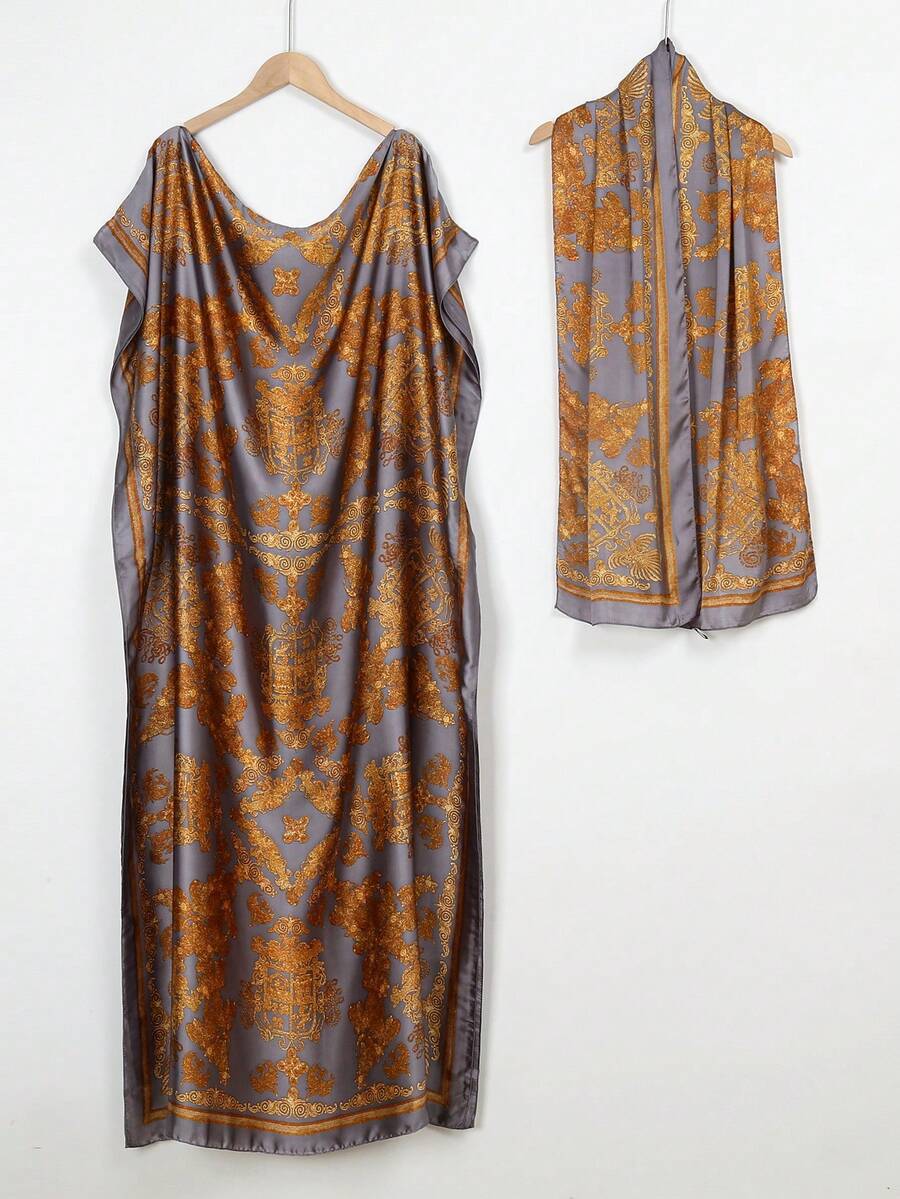 1件套仿丝绸几何印花长袍、披肩和围巾套装，女士沙滩罩衫，防晒防风，日常穿着 - 彩色 - 查看 1