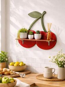 1pc Cherry-Shaped Wall Mounted Floating Shelf, Cute Red Cherry Decor With Green Stem, Suitable For Bedroom, Kids Room, Bathroom, Kitchen Wall Storage Rack To Display Cosmetics, Jewelry, Small Items, Pink/Red Fruit Themed Home Decor, Bohemian And Elegant Style Wall Organizer Rack For Living Room, Bedroom, Kitchen, Office - 彩色 - 查看 8
