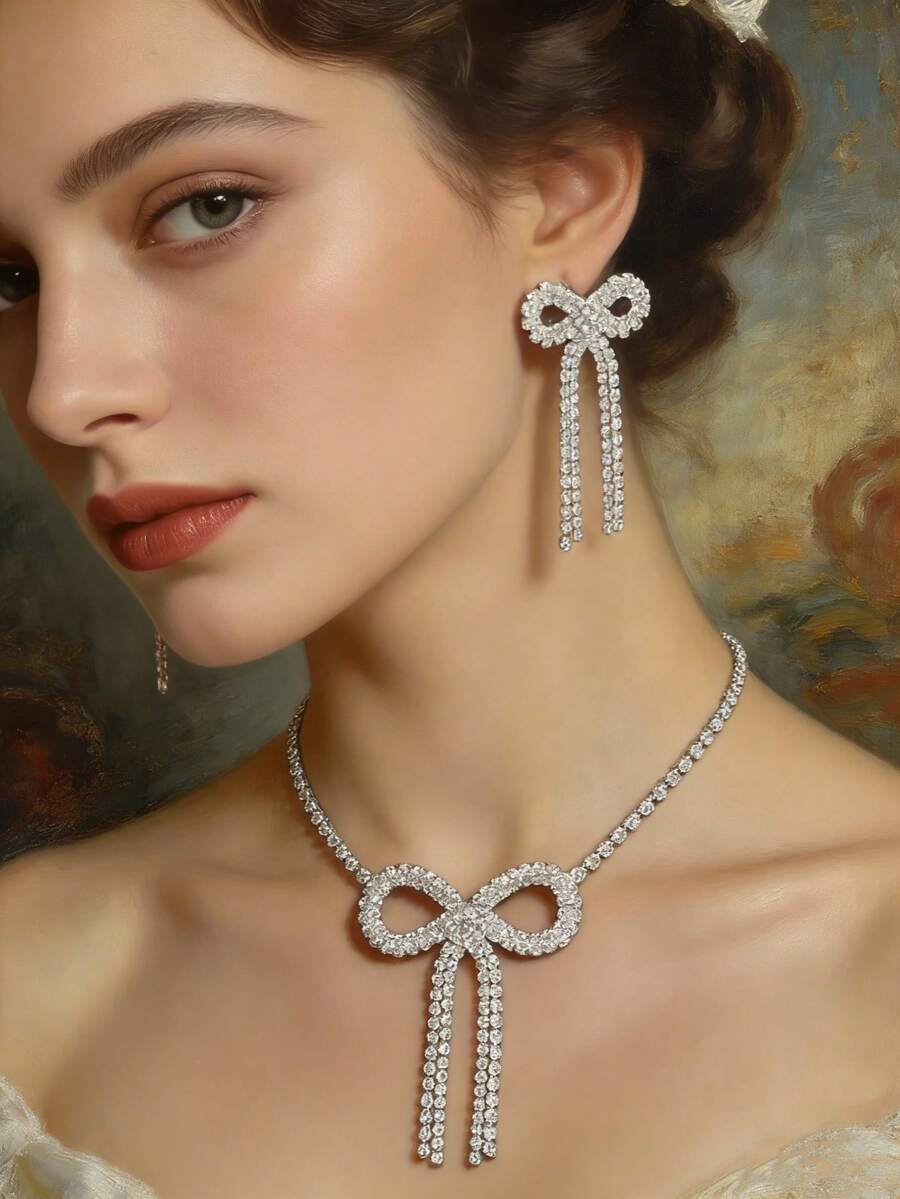 2件套银色蝴蝶结流苏水钻首饰套装，精致镂空设计 - 适合婚礼/派对的百搭蝴蝶结首饰 - 銀色 - 查看 1