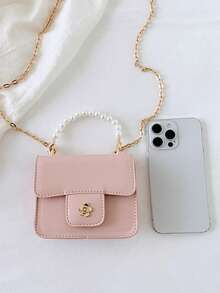 1个女童油性PU山茶花磁扣时尚珍珠手提包，配链条肩带，适合日常四季使用 - A - 查看 5