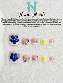 NAIO 10pcs, Summer Handmade Press-On Nails & Optional Toe Nails, Square Tips, Y2K Cool Style, Nude, Yellow, Blue, And White French Tip Design With Ombre Detail, 3D Sculpted Flowers, Butterfly Accents, And Rhinestone Embellishments, Glossy Finish, For Women And Girls, Perfect For Parties And Everyday Wear, Includes Tool Kit, Great Gift For Nail Art Lovers - Multicolor - View 10