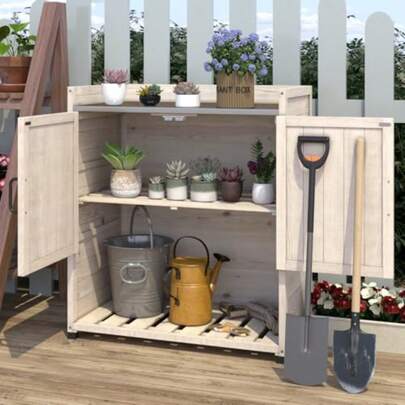 Outdoor Storage CabinetandPotting Bench Table Garden Wooden Work Bench With Adjustable Shelf Patio Tool Work Station Planting Table With Metal Tabletop Beige
