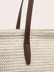1 chiếc túi tote nữ bằng rơm, dung tích lớn, thích hợp đi làm và du lịch, họa tiết cây cọ, túi đi biển. - Màu be - Xem 5