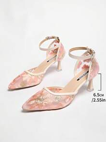New Chinese Style White High Heel Mules, Pointed Toe Lace Embroidery Convertible Sandals For Women,Summer Shoes - Pink - View 9