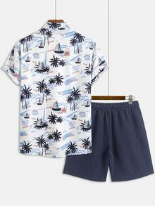 Set casual di moda da uomo GOLDREDY, polo a stampa abbinata a pantaloncini con coulisse tinta unita, outfit da 2 pezzi, stile hawaiano da resort - Bianco - Visualizzare 5