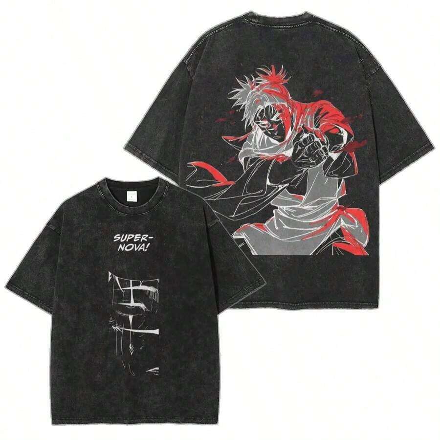 Choso Blood Manipulation JJk Anime Manga 2 Sided Washed T-Shirt, Cotton Unisex Graphic Tee 90s TopHX0001 - 黑色 - 查看 1