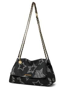 New Fashion Denim Crossbody Bag, Star Print Fabric, Adjustable Gold Chain Strap, Magnetic Closure, Lightweight Makeup And Lipstick Storage Pouch, Versatile For Daily Use And Gifts - Black - View 6