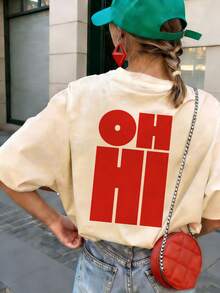 紅色 OHHI 字母印花圓領短袖 T 恤 女款 新款簡約可愛圖案休閒度假風 寬鬆修身夏季短袖上衣 - 杏色 - 查看 3