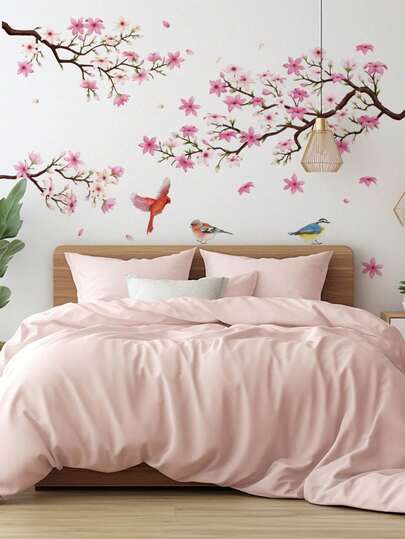 1 Peça Adesivo de Parede com Galho de Árvore de Flor de Sakura Rosa e Pássaro, Adesivo de Arte de Parede para Cabeceira de Quarto, Bottom de TV, Autoadesivo Removível de PVC, À Prova d'Água e à Prova de Óleo, Decoração de Quarto, Decoração Doméstica, Decoração de Parede, Decoração de Banheiro, Decoração de Quarto, Suprimentos de Decoração de Quarto, Decoração de Sala de Estar, Decoração de Casa, Decoração Doméstica, Arte de Parede de Sala de Estar, Adesivo de Papel de Parede, Adesivo Personalizado
