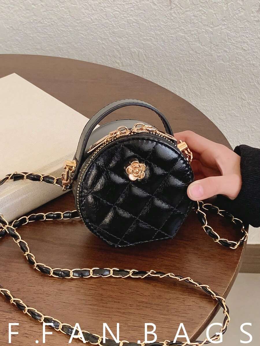 2026 New Mini Bag, Chic Rhombus Pattern Round Crossbody Bag, Elegant Handbag & Coin Purse - Black - View 1