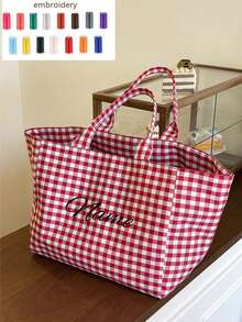 (Kustom) Tas Tote Kanvas Minimalis Kotak-kotak Berkapasitas Besar dengan Bordir Personal, Tas Kanvas Serbaguna yang Dapat Disesuaikan, Cocok untuk Pantai Musim Semi/Panas, Tas Bahu Multifungsi Ringkas Berkapasitas Besar, Cocok untuk Rekreasi Luar Ruangan, Perjalanan Pantai, Wisata, Belanja, dan Perjalanan Sehari-hari - MultiWarna - View 4