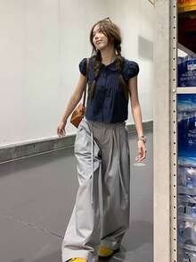 翻领短袖法式复古柔软风格修身衬衫 - 藏蓝色 - 查看 9