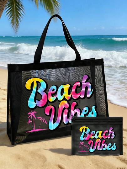 Mesh Tote And Small Bag Set With Colorful "Beach Vibes" Pattern,Tote Bag,Beach Bag,Hawaiian Style Transparent Organizer Bag,Travel Toiletry Bag, Beach Handbag, Casual Vacation Bag,Cosmetic Storage Bag,Summer Essentials,Ideal For School, Vacation, Holiday & Back To School Use,Best Gift For Friends And Teachers,Ideal Birthday Gift, Party Gift, Summer Gift, Vacation Gift, Holiday Gift, Wedding Gift