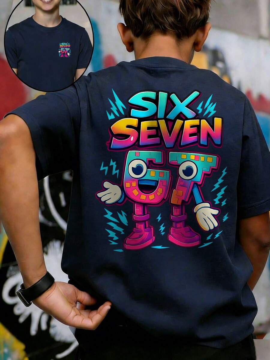 Áo thun rộng rãi in hình số hoạt hình "6 7" cho bé trai, phong cách đường phố cá tính mùa hè. - Màu xanh hải quân - Xem 1