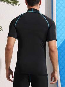 Men's High Elasticity Quick-Dry Durable Smooth Skin-Friendly Short Sleeve Swimsuit, Compression Shirt Surfing Wear, Swimsuit Top Sports - Black - View 4