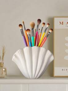 1 pieza Organizador de brochas de maquillaje con forma de concha, decorativo para tocador, encimera del baño, escritorio, incluye brochas de colores, decoración para el hogar/oficina, embellecedor de habitación, regalo creativo - Multicolor - Ver 2