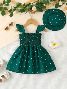 Robe en tricot torsadé imprimé cœur + chapeau de soleil pour bébé fille pour la Saint-Valentin - Vert - Voir 1