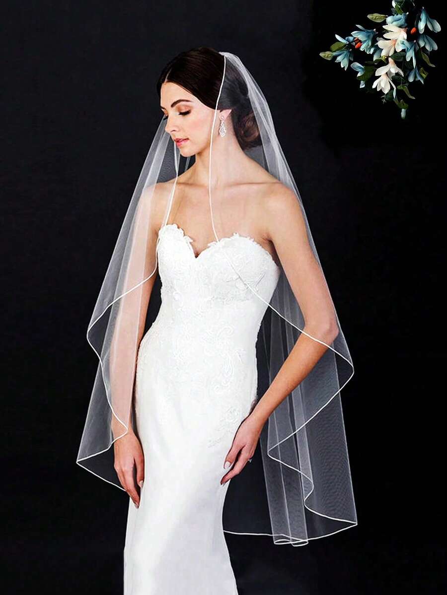 1pc Delicate Lace Edged Plain Bridal Wedding Veil, Soft Veil With Hair Comb, Simple Design For Wedding Ceremony And Reception,Summer,Beach - White - View 1
