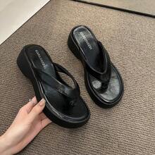 Flip-Flops With Round Toe, Casual Women's Shoes, New Summer Model, Comfortable Thick-Soled Chunky Heel Slippers For Outdoor Wear - màu đen - Xem 5