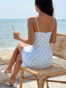 性感时尚百搭日常波点印花迷你连衣裙，带胸垫和可调节细肩带，春夏新款，度假装扮 - 淺藍色 - 查看 3