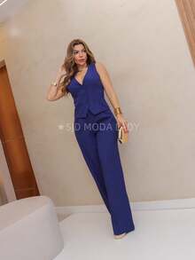 SAKURA LADY FASHION [G1-44][G2-46][G3-48] Women's Set, 2 Pieces, Vest With Buttons And Faux Pocket, Louis Twill Fabric, Luxury Set Vest And Wide-Leg Pants, Chic Striped Set, Casual Suit, Elegant Look, Formal Wear, Set For Events, Refined Look, Modern Suit, Stylish Suit, Sophisticated Women's Clothing, Lightweight Tailoring, Comfort And Elegance, Party Set, Women's Vest, Comfortable Pants, Urban Women's Look, Ideal For Work, Perfectly Fitting Clothing, Versatile Set, Suit With Personality, Casual Women's Fashion, Practical And Elegant Style, Summer Look, Sweet, Cute, Best Quality, Christmas Women's Clothing - 藏蓝色 - 查看 3