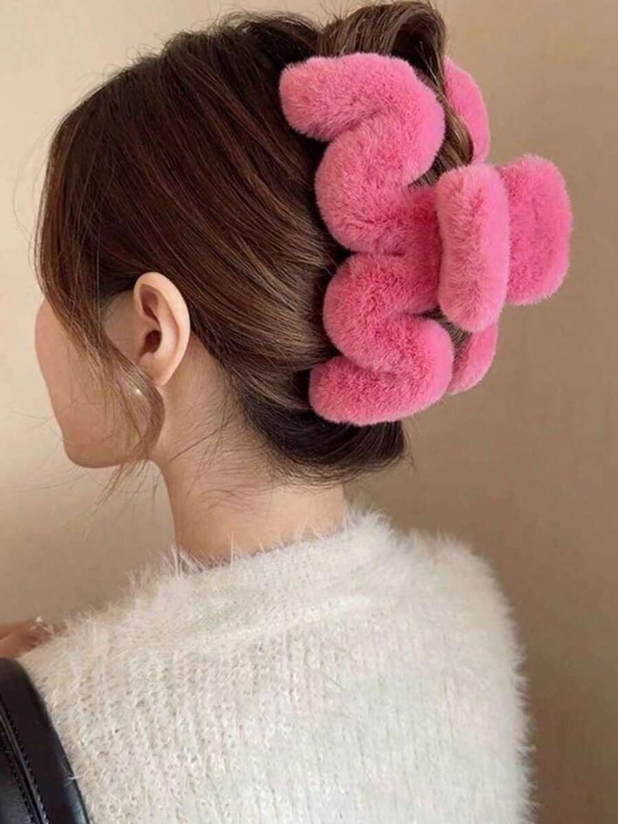 1 pièce Pince à cheveux en peluche de couleur unie pour l'automne/l'hiver, accessoires de plage pour tenues d'été, pince à cheveux de plage - Rose vif - Voir 1