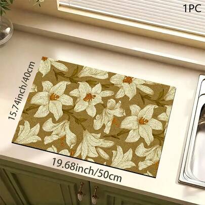 1pc Lily Flower Pattern Absorbent Mat/Drying Mat For Coffee Maker, Tableware - Polyester Absorbent Desktop Protective Mat With Rubber Anti-Slip Pad, For Kitchen Counter Decor, Home Bar And Dining Table