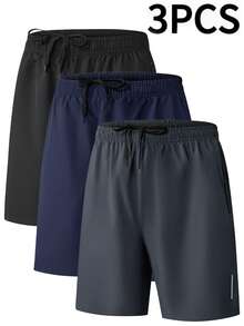 3 piezas Pantalones cortos con cintura elástica para hombres con bolsillos con cremallera, decoración con rayas reflectantes, cordón ajustable, diseño minimalista cómodo y ajustado, adecuado para deportes, actividades al aire viajes diarios en verano - Multicolor - Ver 11