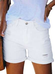 Women's Solid Color Casual Loose Cuffed Denim Shorts, Versatile Daily Wear White Summer - White - View 8