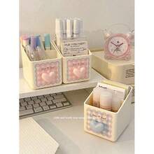 1pc Desktop Stationery Storage Box, Dual-Layer Design, Heart Pattern, Pen Holder, Large Capacity Makeup Brush Organizer, Suitable For Storing Stationery, Pens, Rulers, Great For Students Back To School And Office Supplies, Christmas Gift, Gift For Friends - Blue - 查看 6