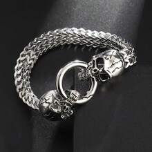 1pc Stainless Steel Gothic Double Skull Interlocking Bracelet With Ring Clasp, Men's Halloween Punk Party Jewelry - Fashion - View 5