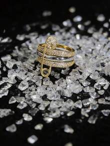 1pc Luxury 3-Layer Rhinestone Brooch Ring, 24K Gold Plated Copper Zirconia Multi-Circle Ring, Dual-Tone Stackable Design Women's Finger Ring, Versatile For Party And Daily Wear - Pin Style - View 6