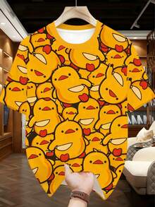 Plus Size Men's Pajama Set | Round Neck Short Sleeve Top And Elastic Waist Casual Shorts, 2 Piece Set | Polyester Knit Fabric, Soft And Breathable, Loose And Comfortable | Cute Little Duck Pattern Print, Casual Design - Yellow - View 2