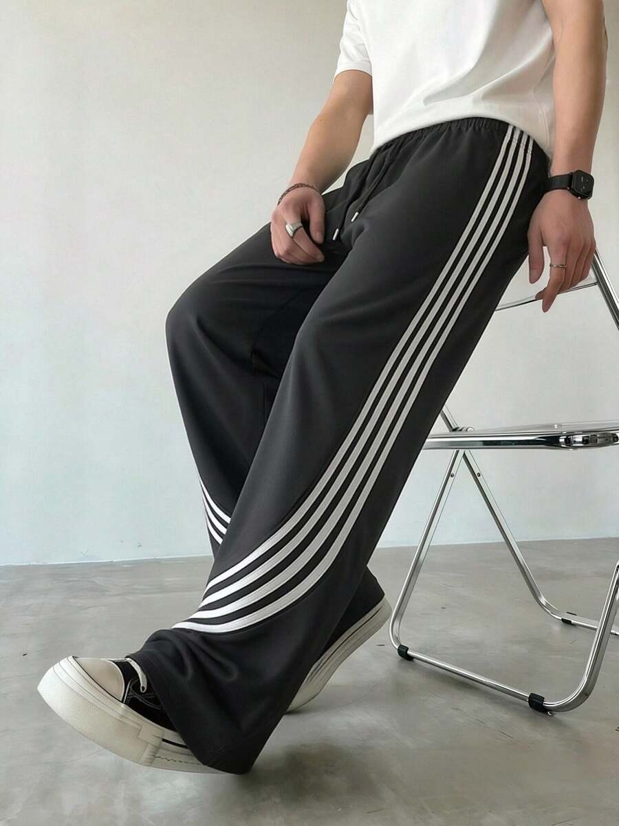 Spring/Summer Casual Colorblock Striped Men's Pants, Daily Wear & Street Fashion - Black - View 1